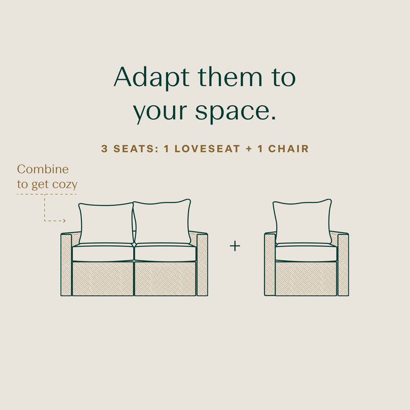 One loveseat icon and chair icons, separated by plus signs. Demonstrates how two chairs can be combined to make a loveseat.|ap