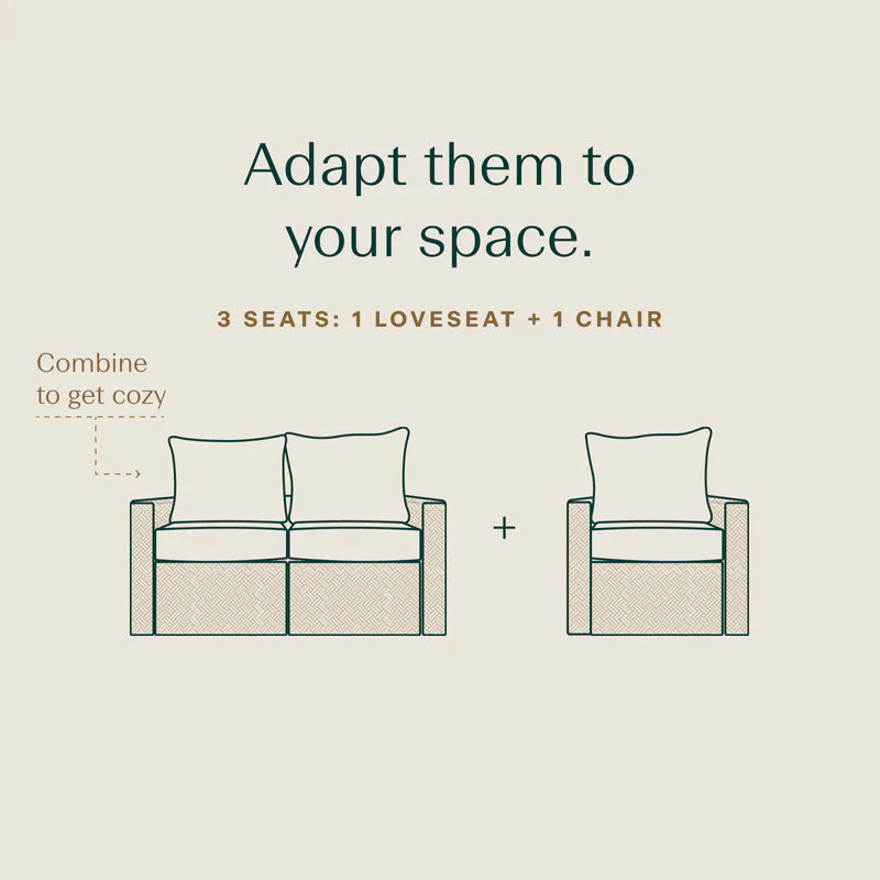 One loveseat icon and chair icons, separated by plus signs. Demonstrates how two chairs can be combined to make a loveseat.|ap