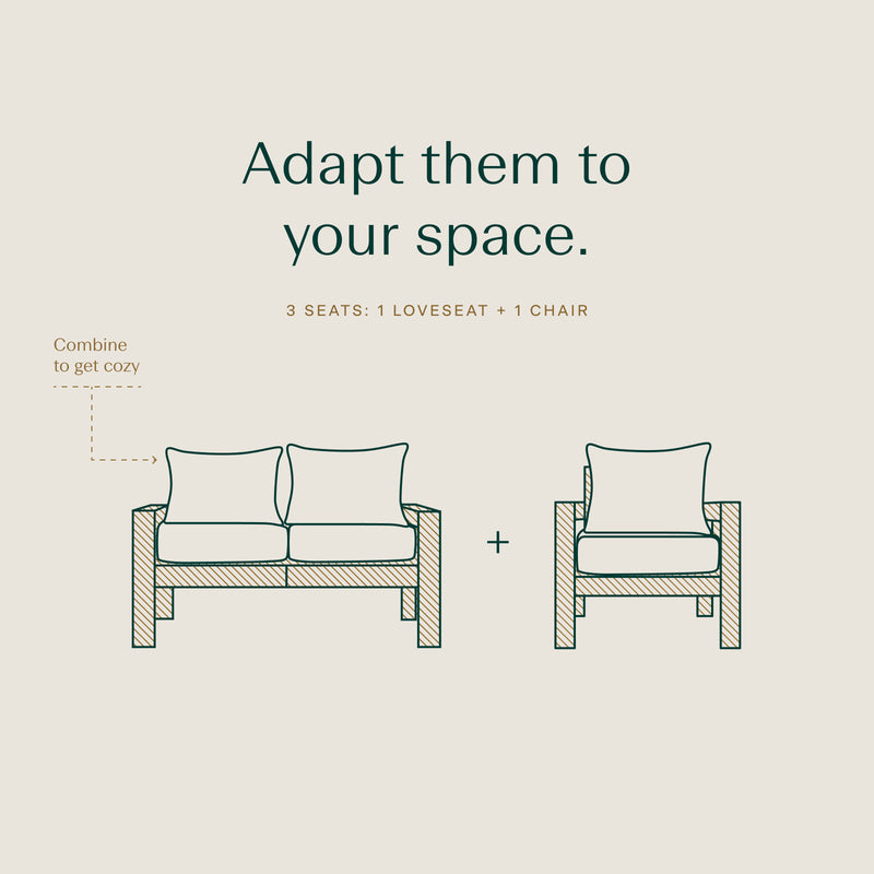 Text above one loveseat illustration and chair illustration, separated by plus signs signs reads: "Adapt them to your space. 3 SEATS: 1 LOVESEAT + 1 CHAIR"|ap