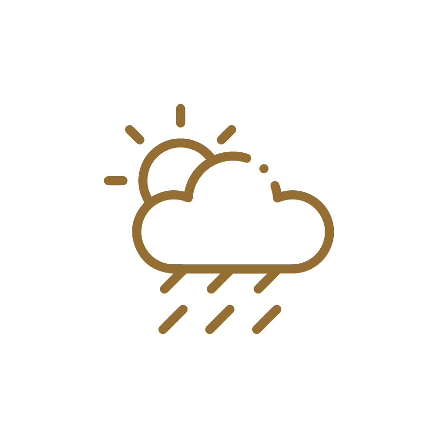 Brown sun and cloud with raindrops outlined against a white background, alongside the word “Durable.”