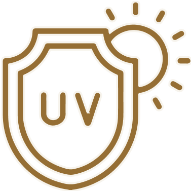 Brown shield in front of a sun outlined against a white background, alongside the words “Ultra-durability.”